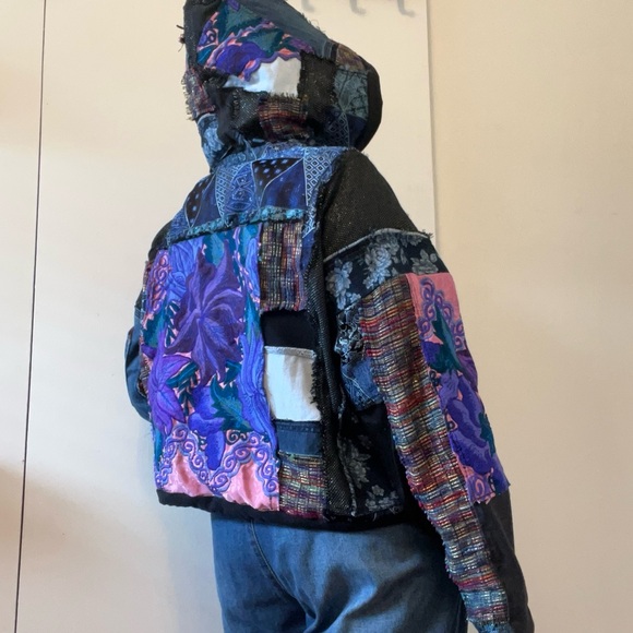 Upcycled Hoodie Sweatshirt Jacket Patchwork Fabric Scraps Frayed Apocalyptic - Picture 5 of 14
